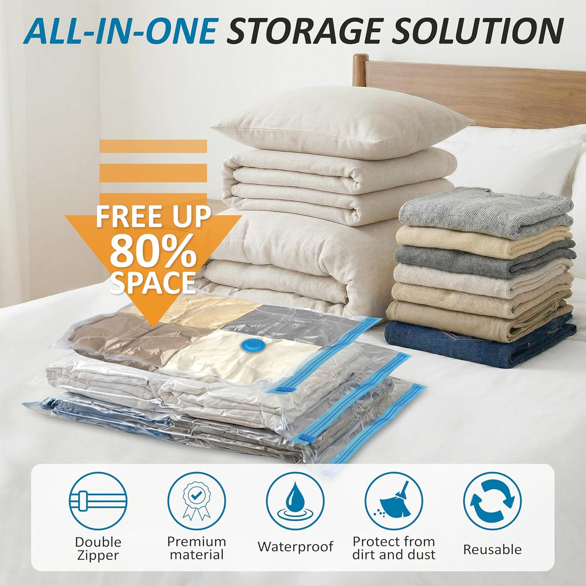 Vacuum Storage Bags with Hand Pump. Vacuum Seal Space Saver Bags.20 Combo | 80% Space-Saving Bags for Clothing. Blankets. Pillows. Bedding & Comforters; Multi-Size Variety Pack for Home & Travel