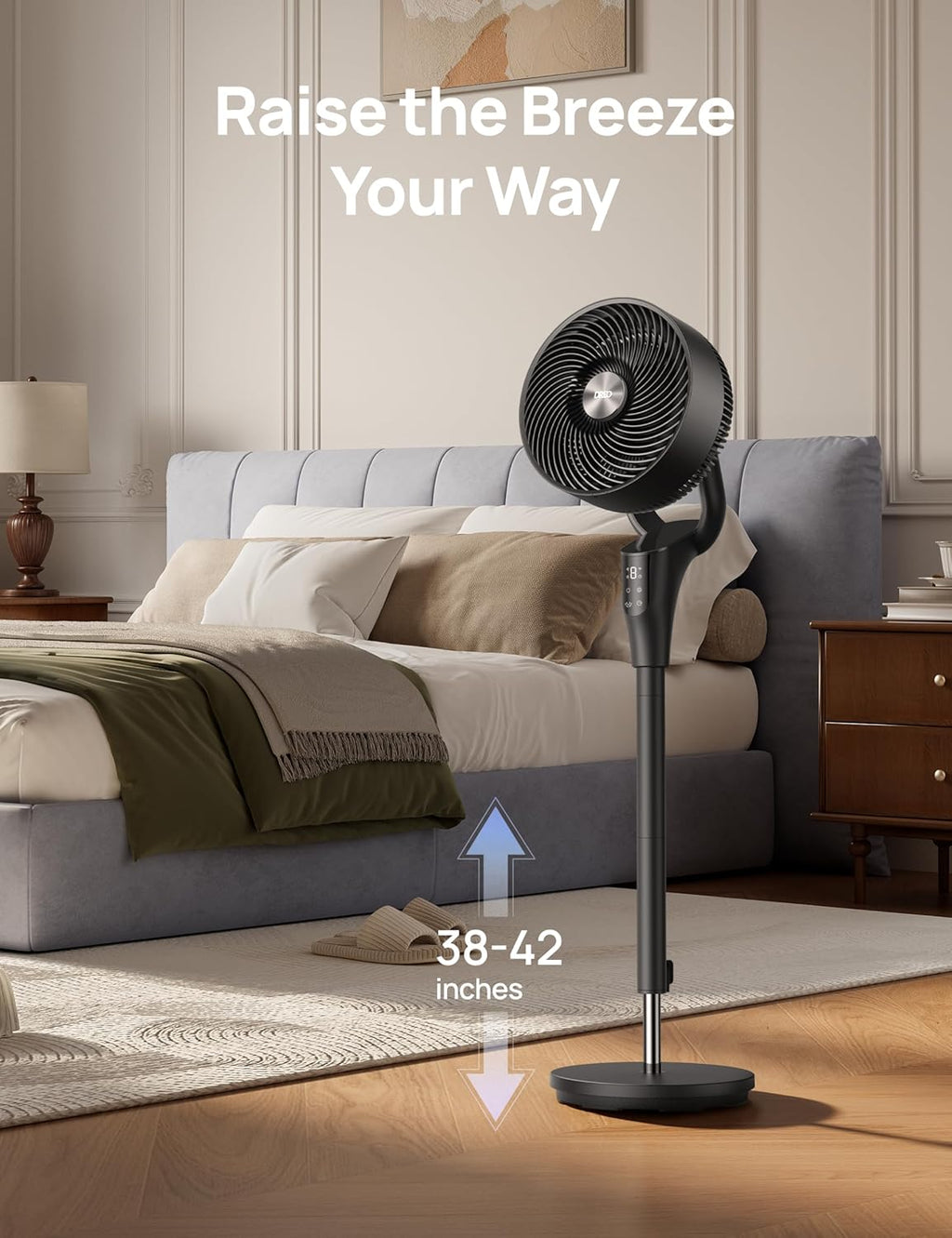 DREO Fan for Bedroom. 2026 Upgraded. 90ft Airflow. Quiet Fan. 90° Oscillating Standing Fan for Whole Room. DC Motor. 8+H Speeds. 3 Modes. 38-42'' Adjustable Height. 8H Timer. 105° Manual Vertical