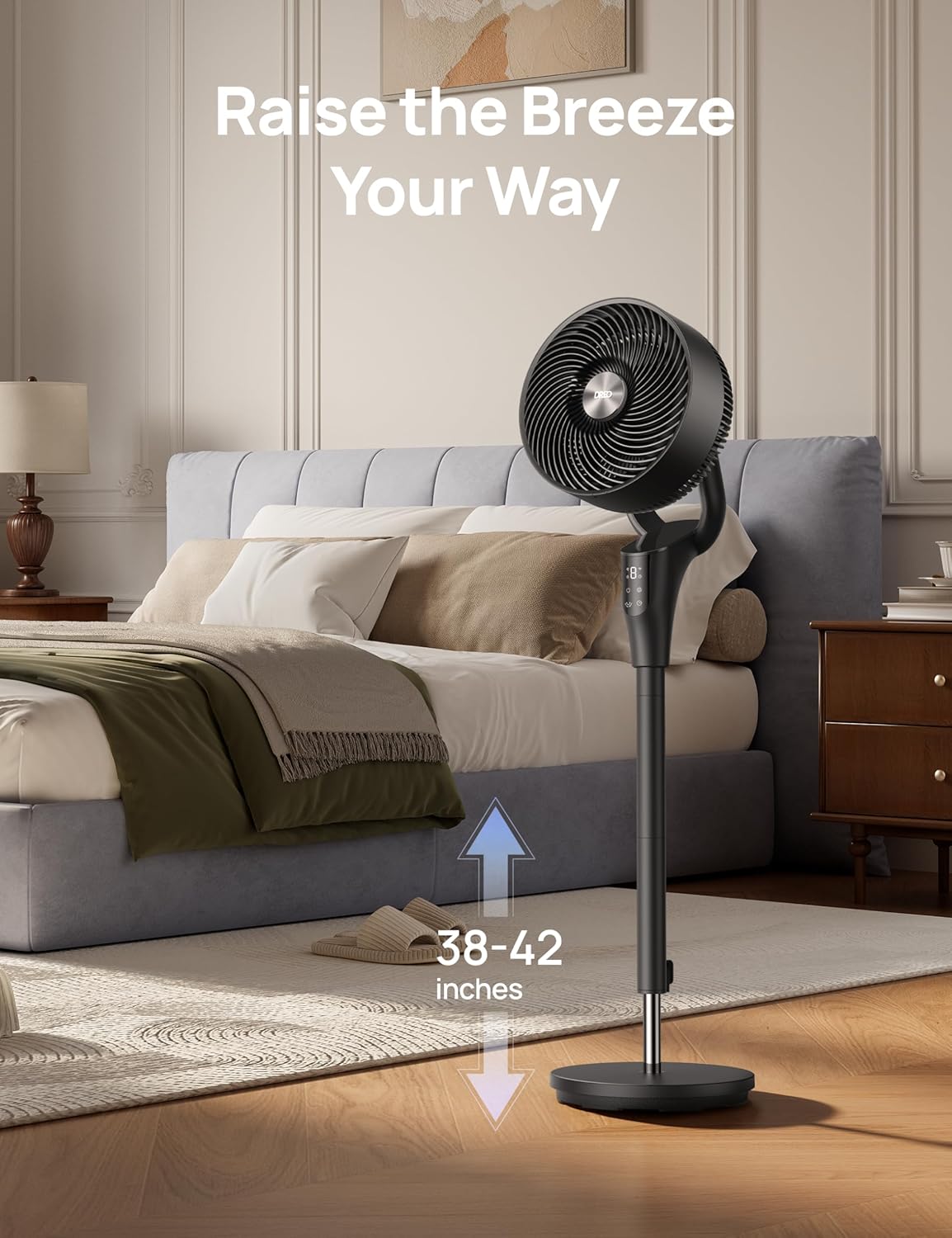 DREO Fan for Bedroom. 2026 Upgraded. 90ft Airflow. Quiet Fan. 90° Oscillating Standing Fan for Whole Room. DC Motor. 8+H Speeds. 3 Modes. 38-42'' Adjustable Height. 8H Timer. 105° Manual Vertical
