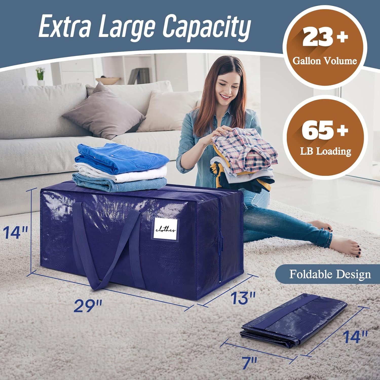 6 Pack Extra Heavy Duty Large Moving Bags with Strong Zipper. Dark Blue | Comfortable Handles. Sturdy & Durable Clothes Storage Bags Totes Bins. Blue Packing Moving Boxes for College Supplies
