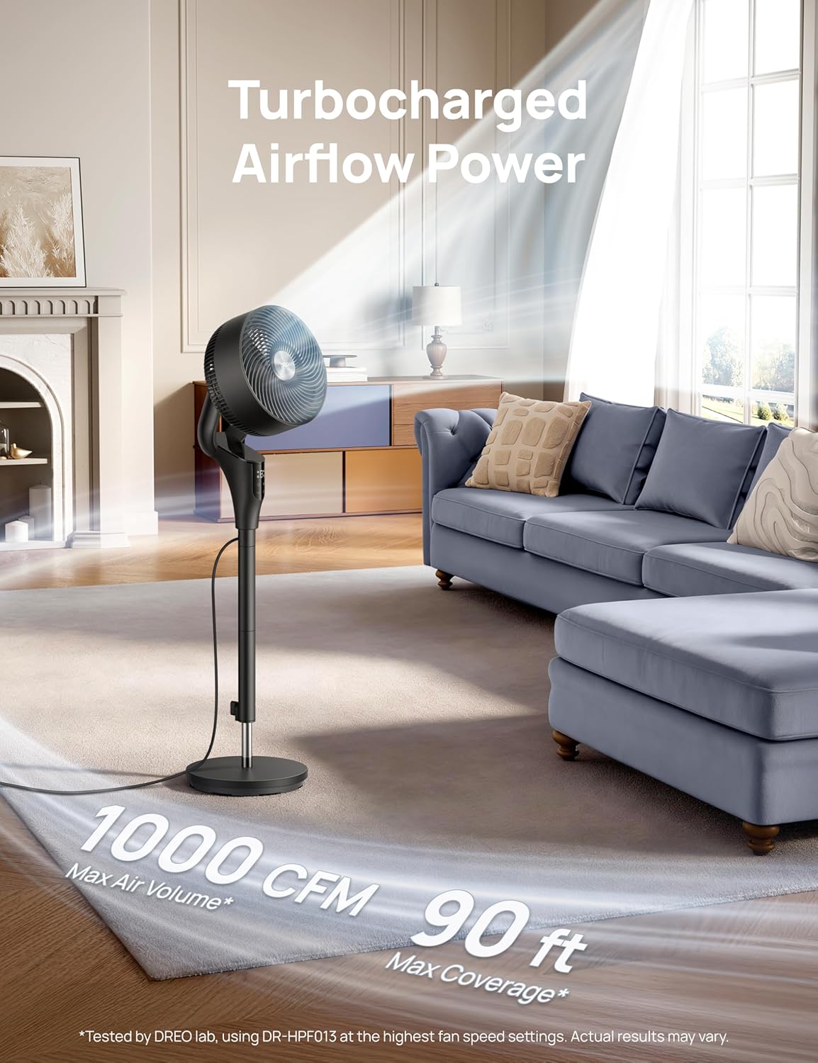 DREO Fan for Bedroom. 2026 Upgraded. 90ft Airflow. Quiet Fan. 90° Oscillating Standing Fan for Whole Room. DC Motor. 8+H Speeds. 3 Modes. 38-42'' Adjustable Height. 8H Timer. 105° Manual Vertical