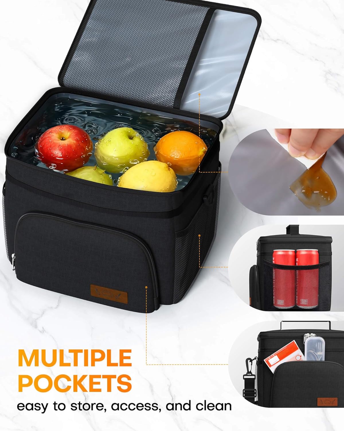 HOTOR Insulated Lunch Box Men Women Leak-Proof Cooler Lunch Bag 9L | 4 Pockets. Adjustable Strap. Ideal for Work. Picnic. Travel. Camping. Gift. Black