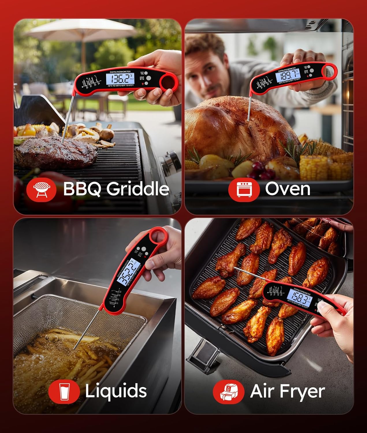 Meat Thermometer Digital. 1-2 Sec Instant Read. Food. Cooking. Grilling | Bright Backlit Display. Waterproof for Air Fryer. Smoker. Candy. Kitchen Gadgets. BBQ Essentials. Gift for Men Husband. Red