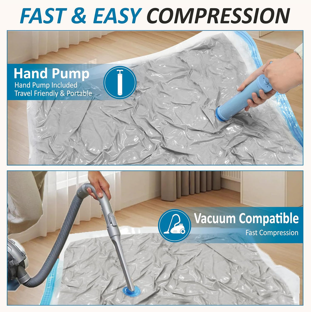 Vacuum Storage Bags with Hand Pump. Vacuum Seal Space Saver Bags.20 Combo | 80% Space-Saving Bags for Clothing. Blankets. Pillows. Bedding & Comforters; Multi-Size Variety Pack for Home & Travel