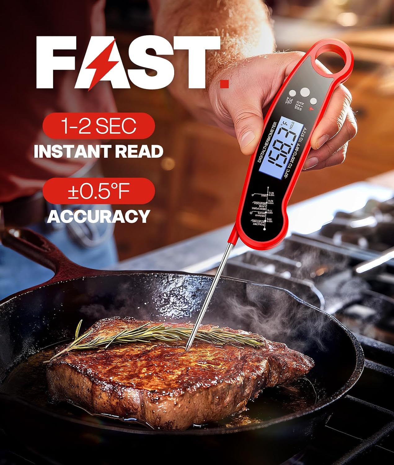 Meat Thermometer Digital. 1-2 Sec Instant Read. Food. Cooking. Grilling | Bright Backlit Display. Waterproof for Air Fryer. Smoker. Candy. Kitchen Gadgets. BBQ Essentials. Gift for Men Husband. Red