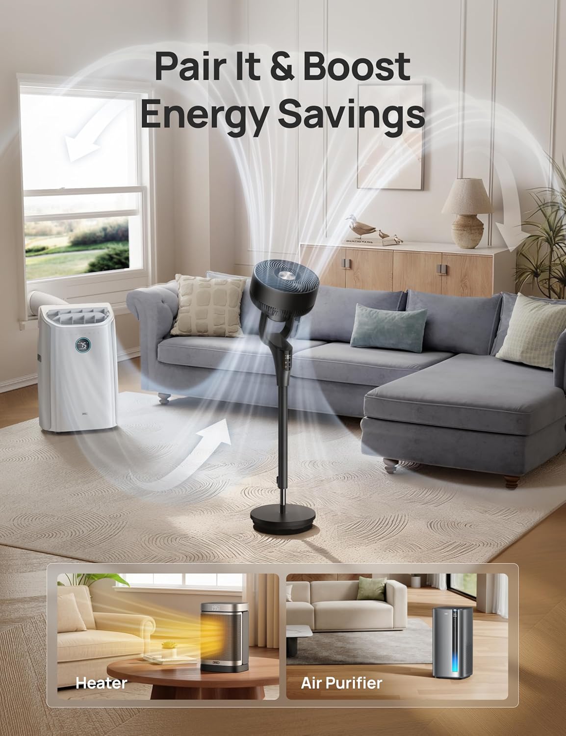 DREO Fan for Bedroom. 2026 Upgraded. 90ft Airflow. Quiet Fan. 90° Oscillating Standing Fan for Whole Room. DC Motor. 8+H Speeds. 3 Modes. 38-42'' Adjustable Height. 8H Timer. 105° Manual Vertical