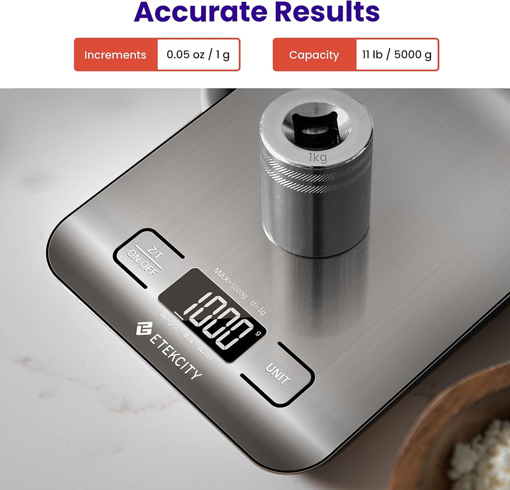 Etekcity Food Kitchen Scale. Digital Grams and Ounces. 11lb | Tare function. ideal for baking. weight loss. keto. meal prep. packages. liquids and jewelry. 304 Stainless Steel