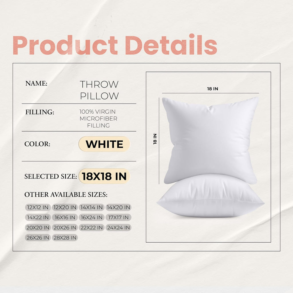 Utopia Bedding 18x18 Pillow Inserts. White Throw Pillows for Couch. 2 Pack | 100% Virgin Filling. Indoor Cushion Inserts for bed. sofa & couch. Extra Filled. Supportive & Fluffy Decorative Pillows