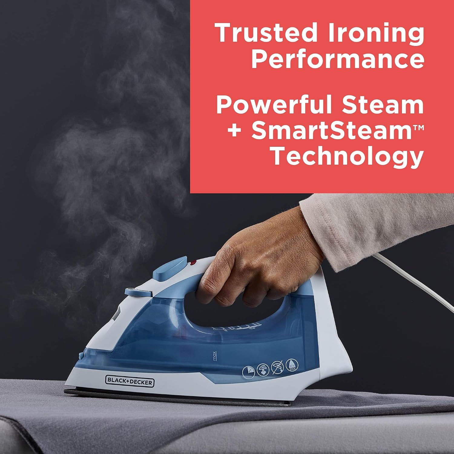 BLACK+DECKER Steam Iron for Clothes with Auto Shutoff & TrueGlide Soleplate | 1200W steam iron with nonstick soleplate. compact. spray mist. comfort grip and auto shutoff for easy wrinkle removal.