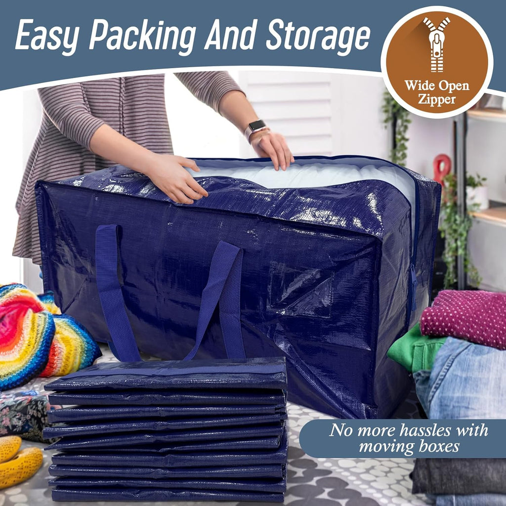 6 Pack Extra Heavy Duty Large Moving Bags with Strong Zipper. Dark Blue | Comfortable Handles. Sturdy & Durable Clothes Storage Bags Totes Bins. Blue Packing Moving Boxes for College Supplies