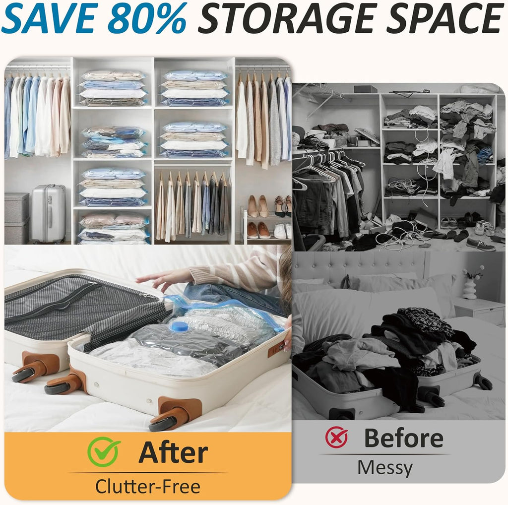 Vacuum Storage Bags with Hand Pump. Vacuum Seal Space Saver Bags.20 Combo | 80% Space-Saving Bags for Clothing. Blankets. Pillows. Bedding & Comforters; Multi-Size Variety Pack for Home & Travel