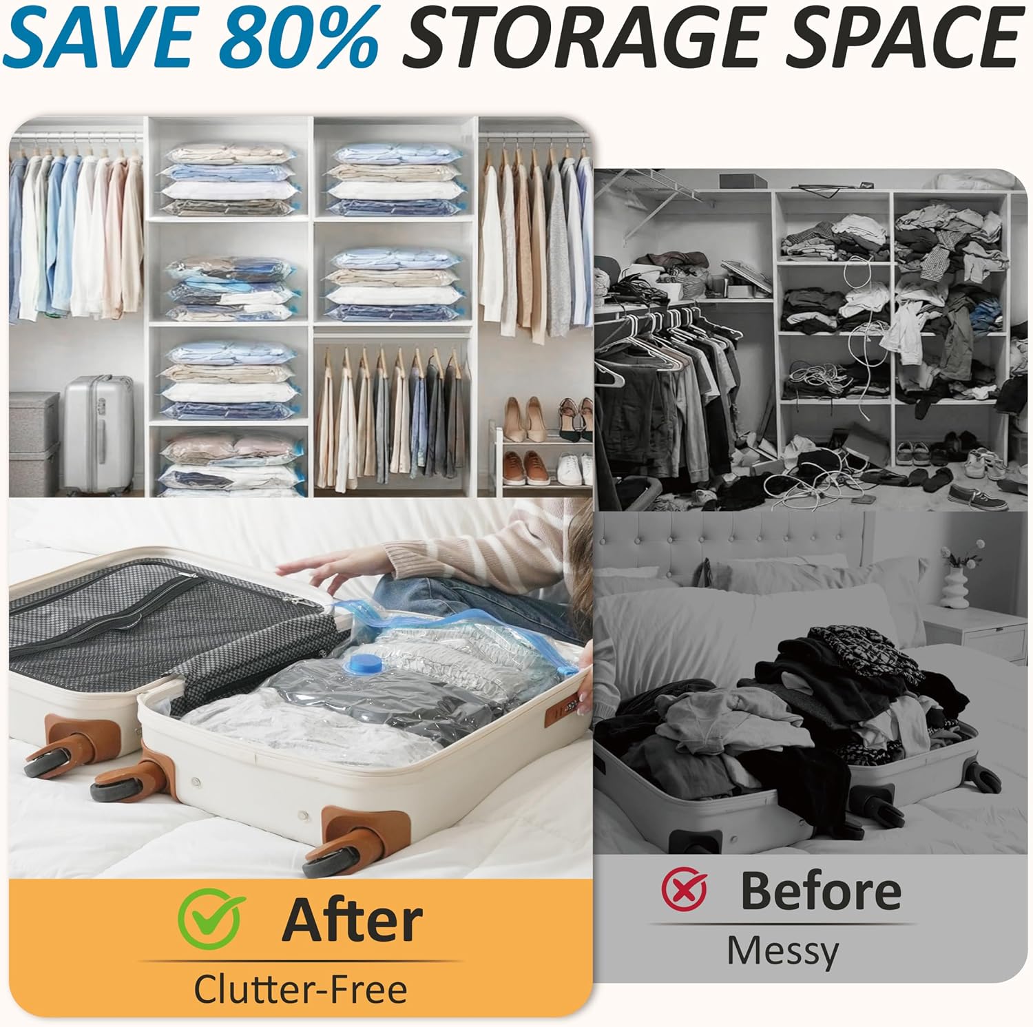 Vacuum Storage Bags with Hand Pump. Vacuum Seal Space Saver Bags.20 Combo | 80% Space-Saving Bags for Clothing. Blankets. Pillows. Bedding & Comforters; Multi-Size Variety Pack for Home & Travel