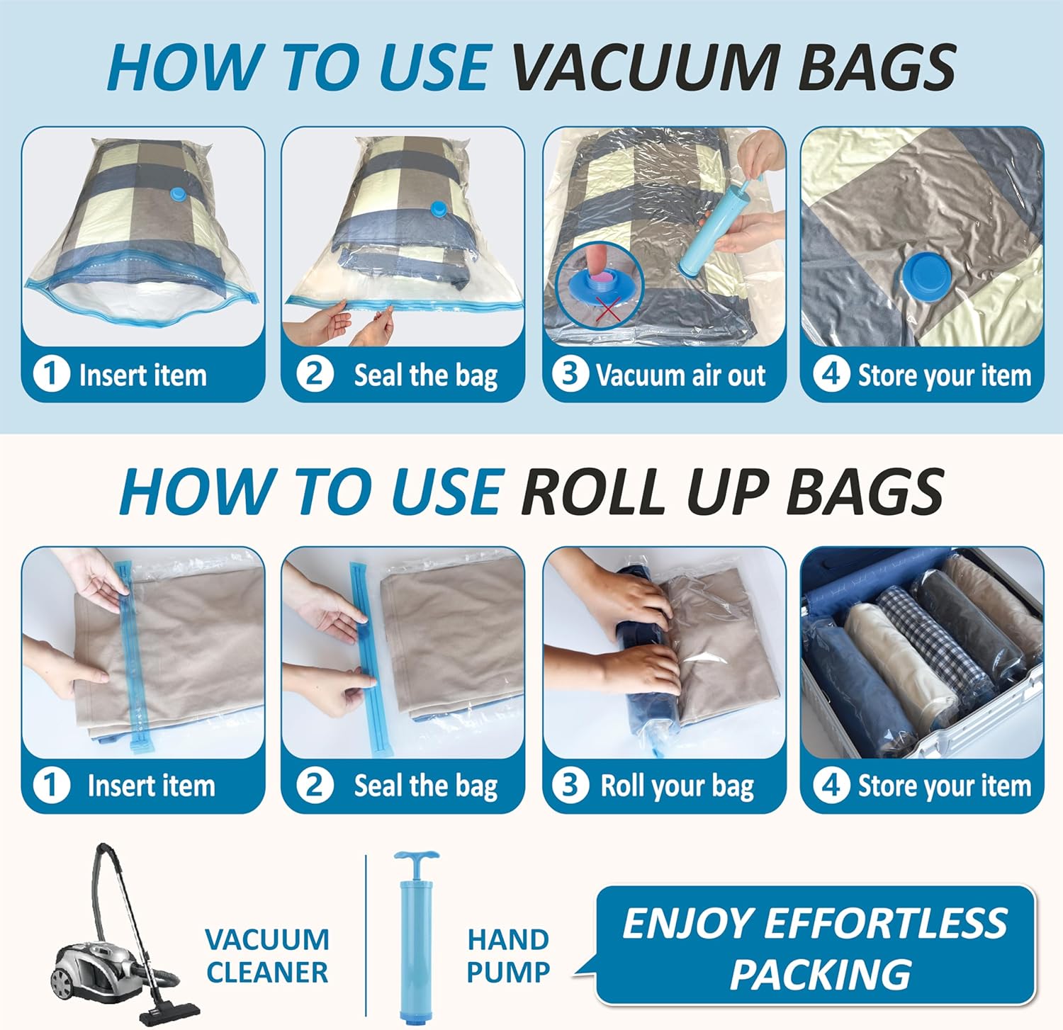 Vacuum Storage Bags with Hand Pump. Vacuum Seal Space Saver Bags.20 Combo | 80% Space-Saving Bags for Clothing. Blankets. Pillows. Bedding & Comforters; Multi-Size Variety Pack for Home & Travel