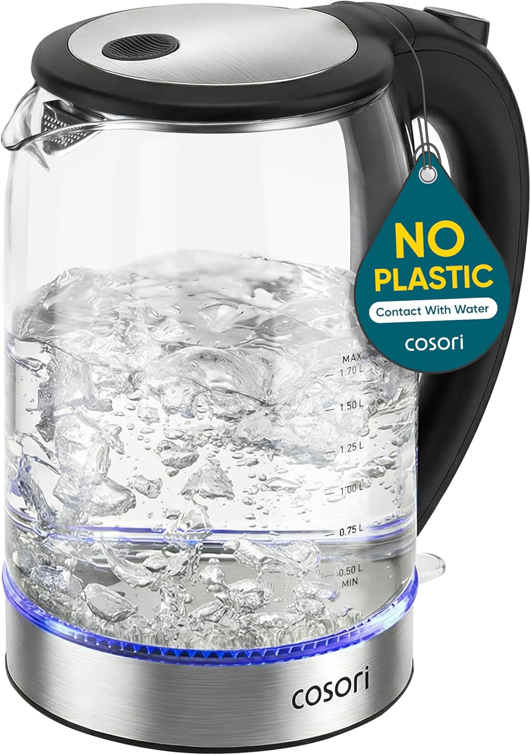 Cosori Electric Kettle. No Plastic Contact with Water. 1.7L. Black | Wide Opening. Easy to Clean. Auto Shut-Off. Boil-Dry Protection. Tea Kettle. Hot Water Boiler. Borosilicate Glass. 1500W