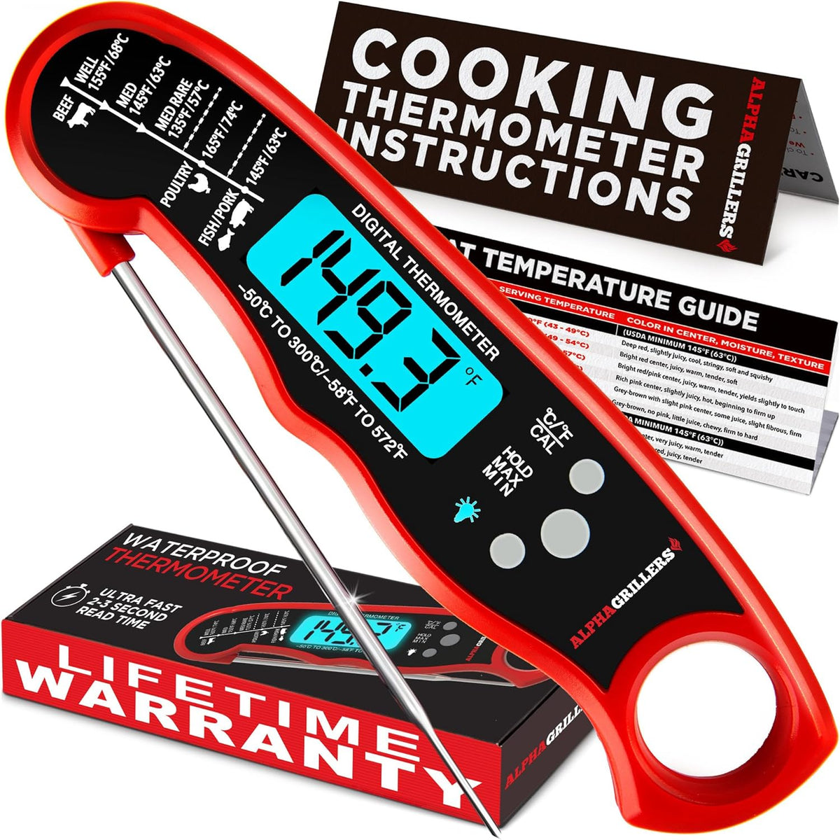 Alpha Grillers Instant Read Meat Thermometer Digital. Cooking. Food. Grill | 1-2 Second Ultra-Fast Response Time. Bright Backlit Display. Waterproof (IP67). Pre-Calibrated & Ready to Use