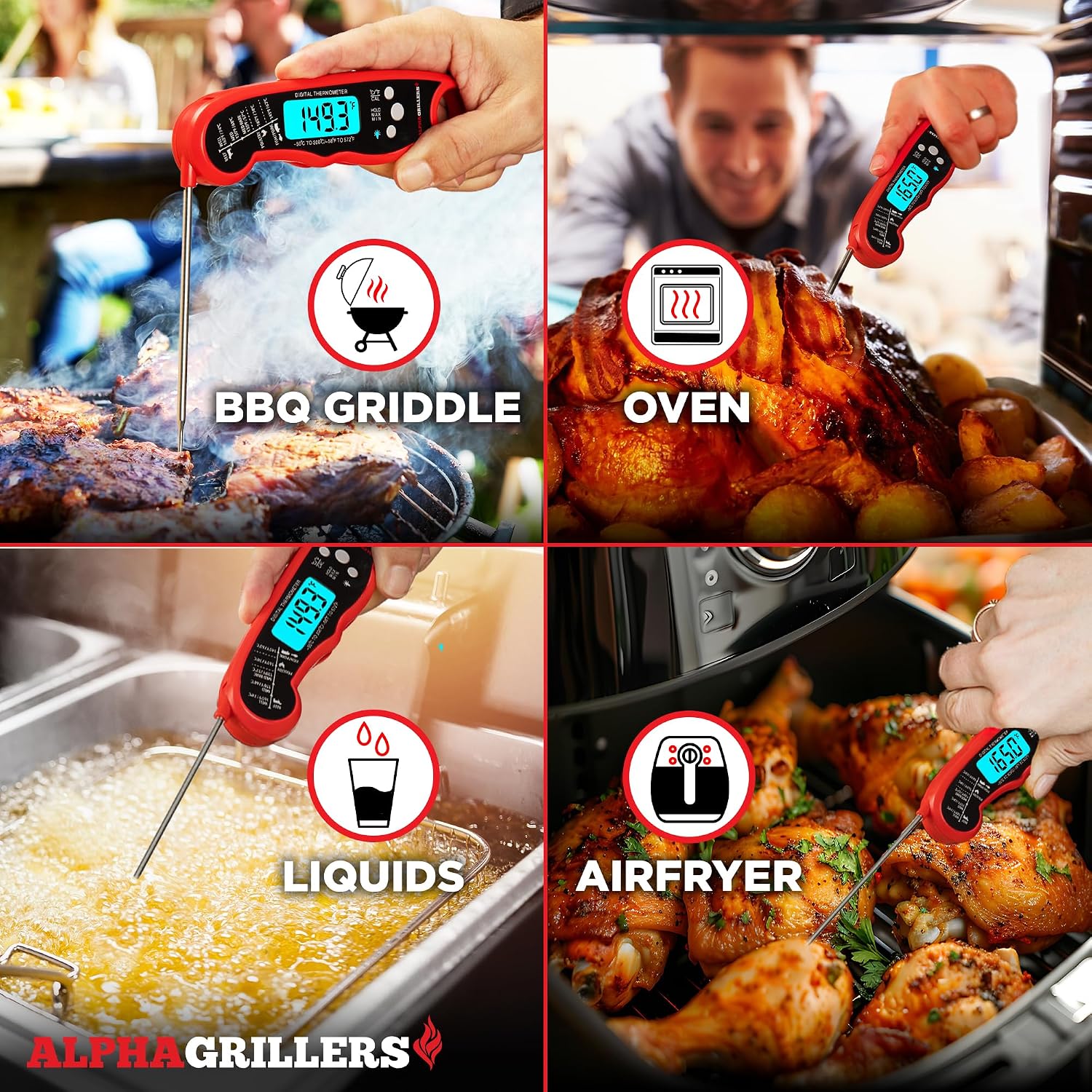 Alpha Grillers Instant Read Meat Thermometer Digital. Cooking. Food. Grill | 1-2 Second Ultra-Fast Response Time. Bright Backlit Display. Waterproof (IP67). Pre-Calibrated & Ready to Use