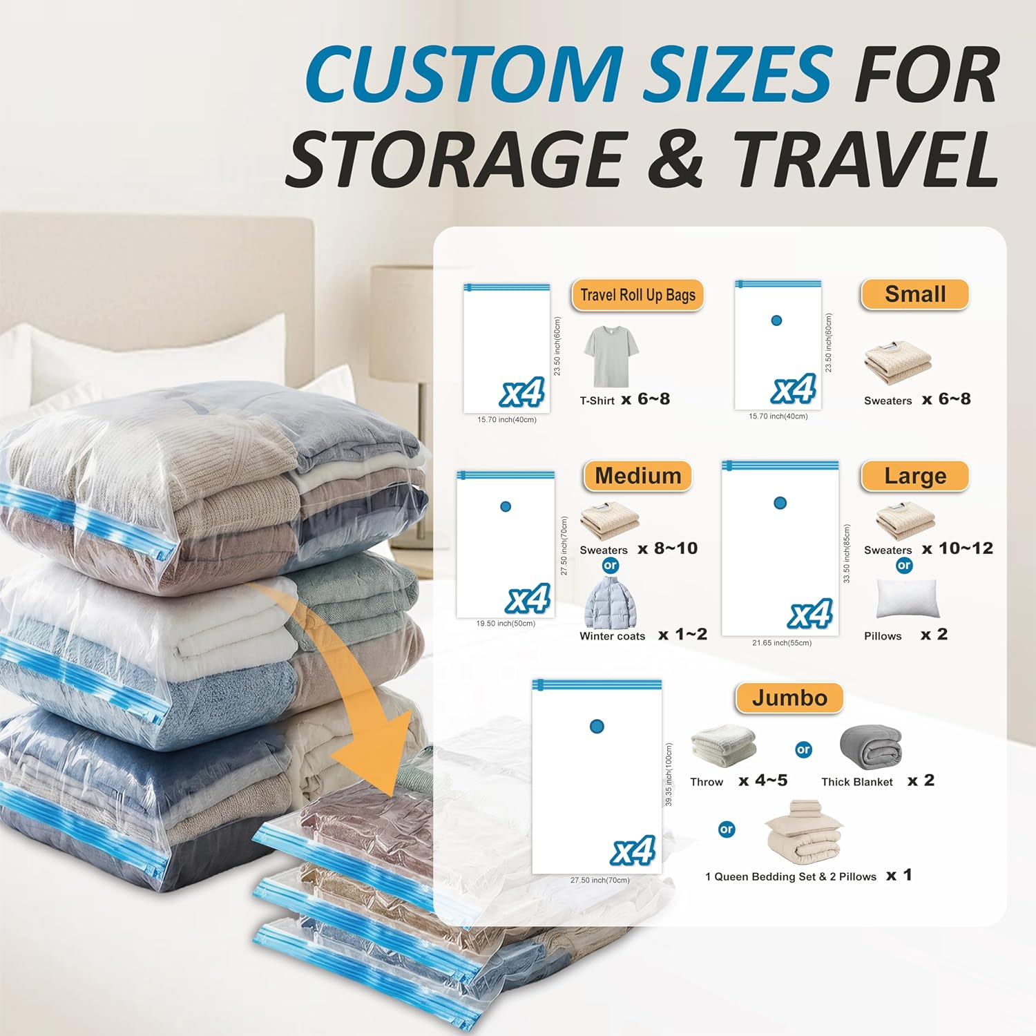 Vacuum Storage Bags with Hand Pump. Vacuum Seal Space Saver Bags.20 Combo | 80% Space-Saving Bags for Clothing. Blankets. Pillows. Bedding & Comforters; Multi-Size Variety Pack for Home & Travel