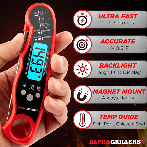 Alpha Grillers Instant Read Meat Thermometer Digital. Cooking. Food. Grill | 1-2 Second Ultra-Fast Response Time. Bright Backlit Display. Waterproof (IP67). Pre-Calibrated & Ready to Use