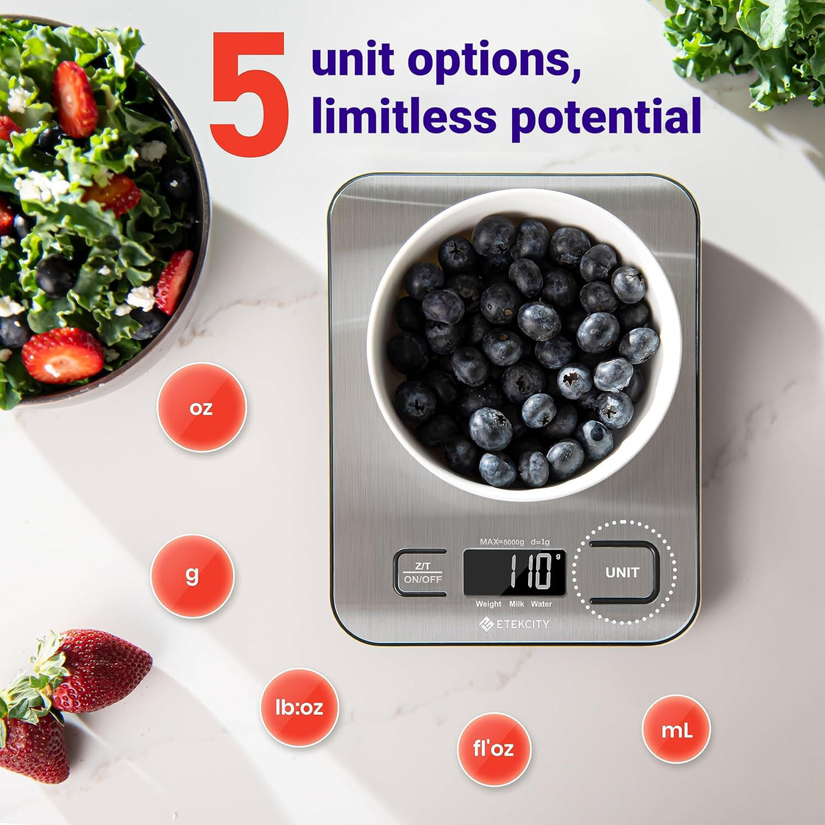 Etekcity Food Kitchen Scale. Digital Grams and Ounces. 11lb | Tare function. ideal for baking. weight loss. keto. meal prep. packages. liquids and jewelry. 304 Stainless Steel