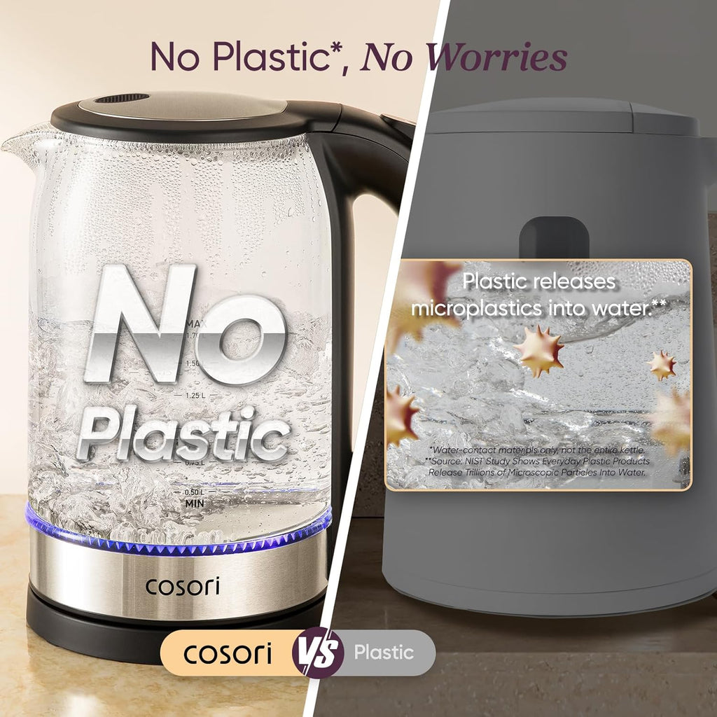 Cosori Electric Kettle. No Plastic Contact with Water. 1.7L. Black | Wide Opening. Easy to Clean. Auto Shut-Off. Boil-Dry Protection. Tea Kettle. Hot Water Boiler. Borosilicate Glass. 1500W