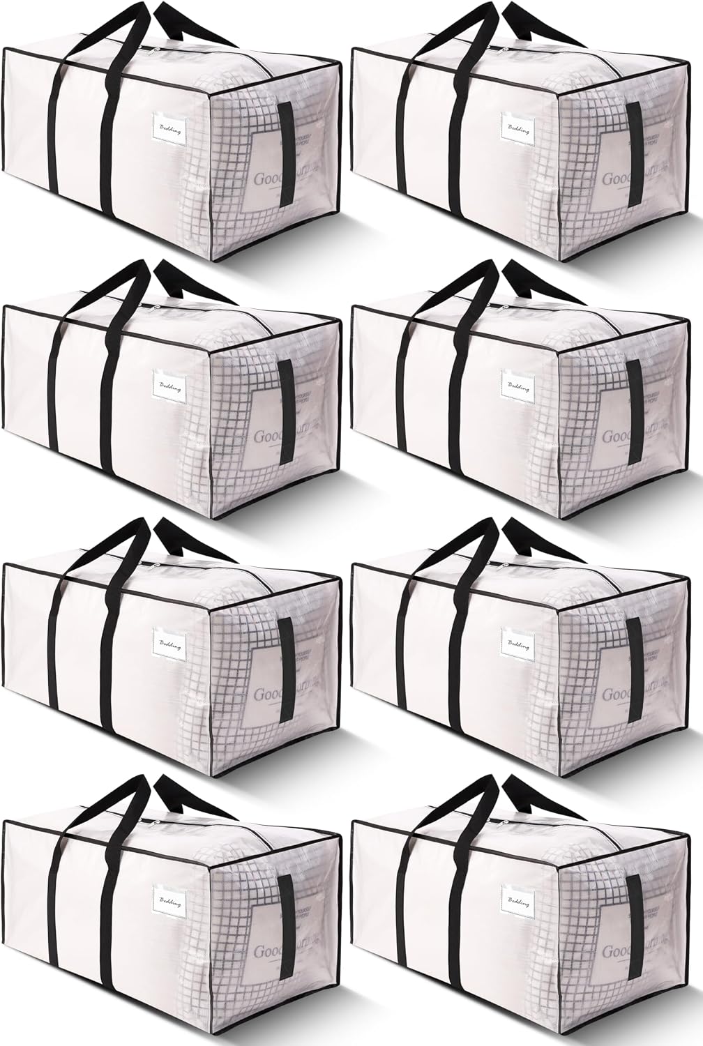 HOMESURE Supports 200lbs Heavy Duty Moving Bags - Strong Zipper & Wrap-Around Handles - Water-Resistant Storage Totes. Durable Alternative to Moving Boxes - 8 Pack - Semi-Transparent