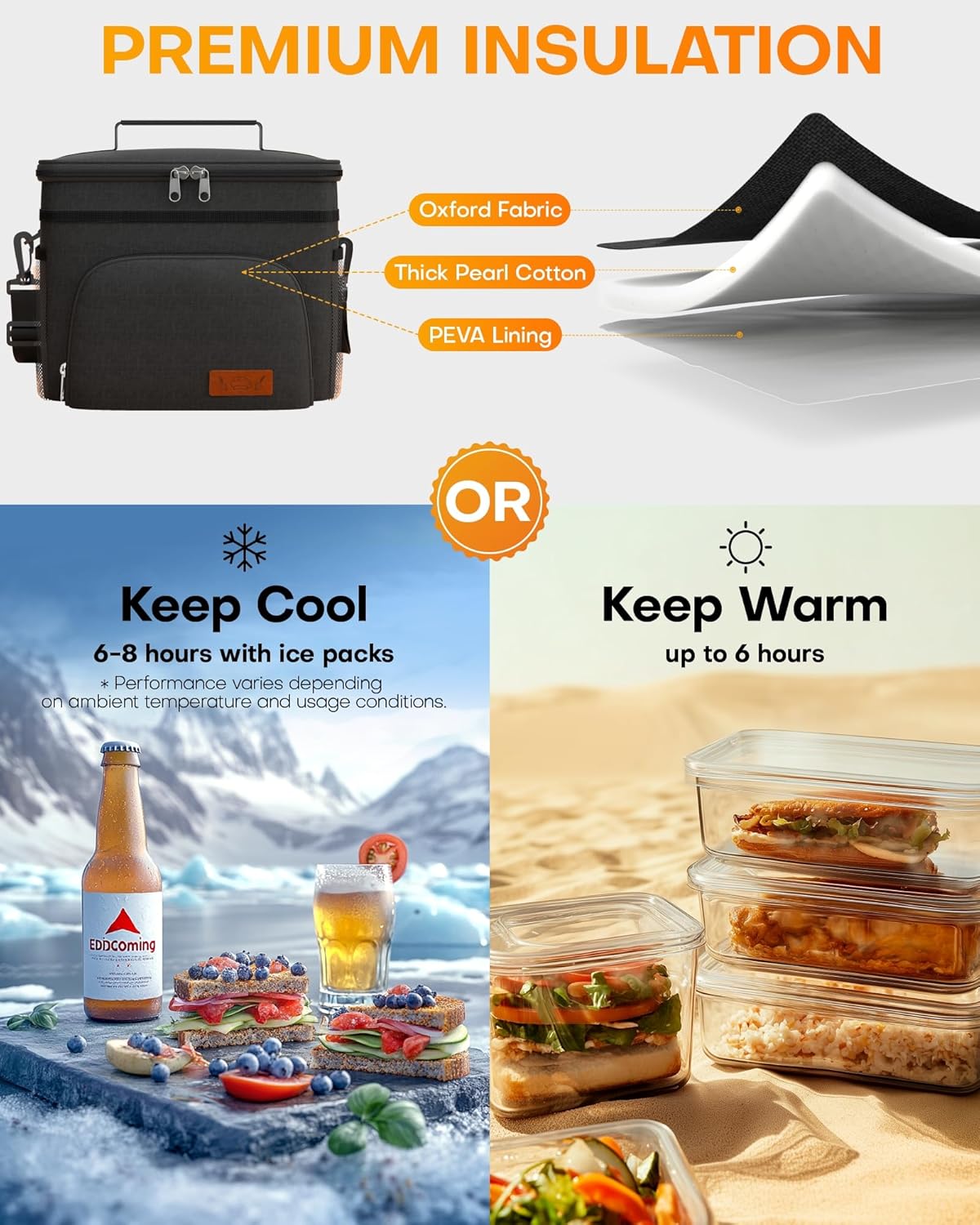 HOTOR Insulated Lunch Box Men Women Leak-Proof Cooler Lunch Bag 9L | 4 Pockets. Adjustable Strap. Ideal for Work. Picnic. Travel. Camping. Gift. Black