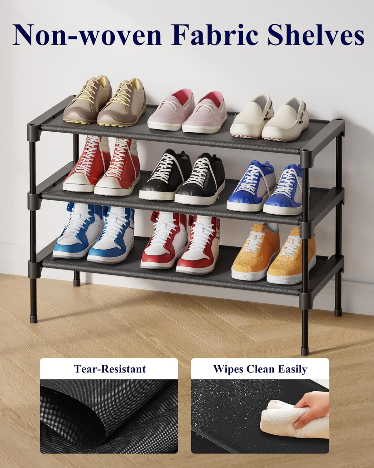 Kitsure Shoe Rack - Non-Woven Shoe Rack Shelf. 27.5 Wide - 3 Tier. Black | Shoe Organizer for Closet. Entryway. Garage. Stackable Shoe Shelves. college dorm&apartment essentials