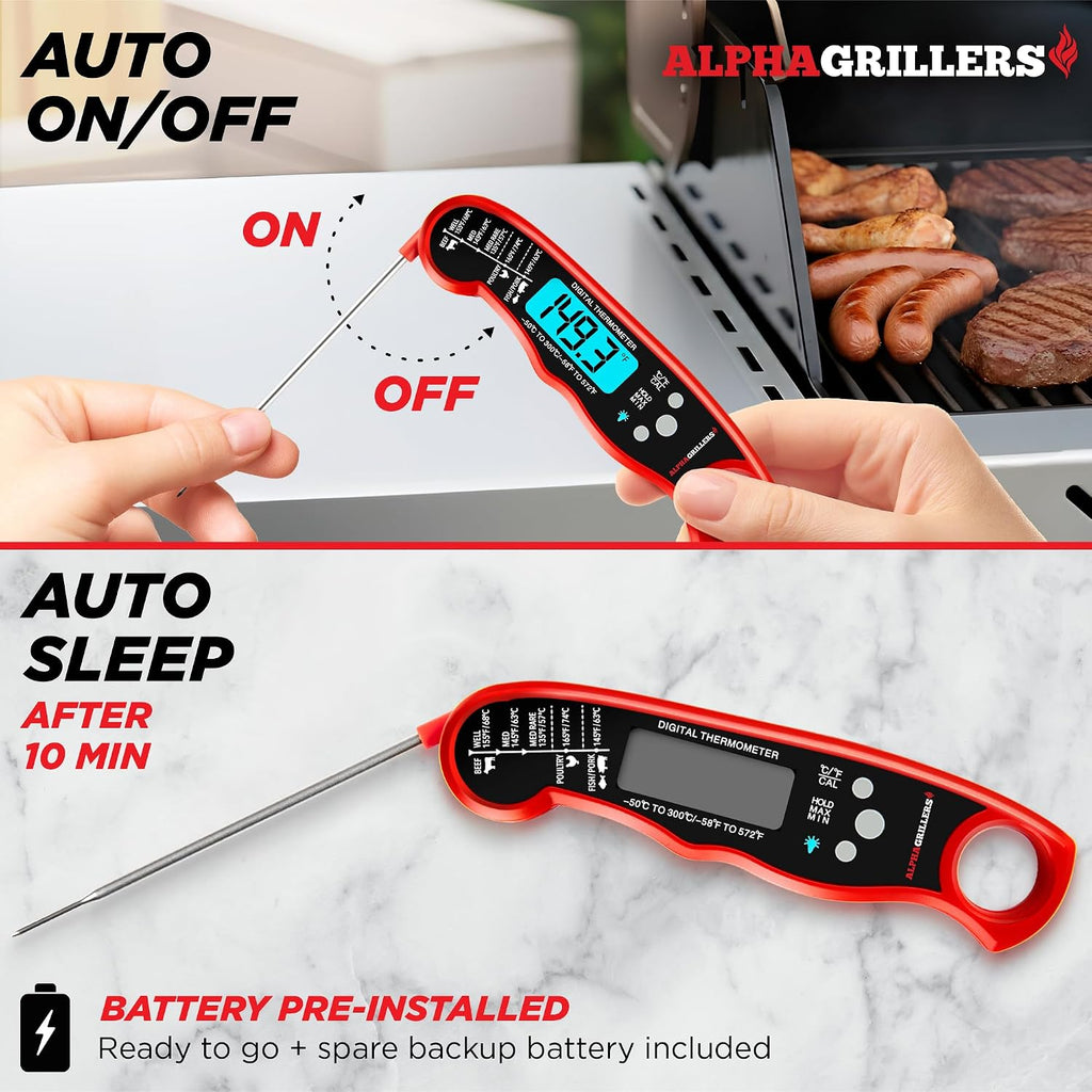 Alpha Grillers Instant Read Meat Thermometer Digital. Cooking. Food. Grill | 1-2 Second Ultra-Fast Response Time. Bright Backlit Display. Waterproof (IP67). Pre-Calibrated & Ready to Use
