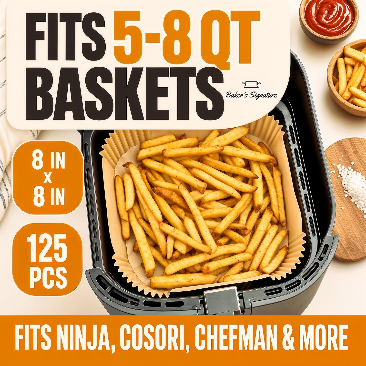 Air Fryer Paper Liners. 125Pcs Air Fryer Disposable Liners | Non-Stick and Oil Proof for Easy Cleanup. 8 Square for 5-8 qt Basket by Baker's Signature