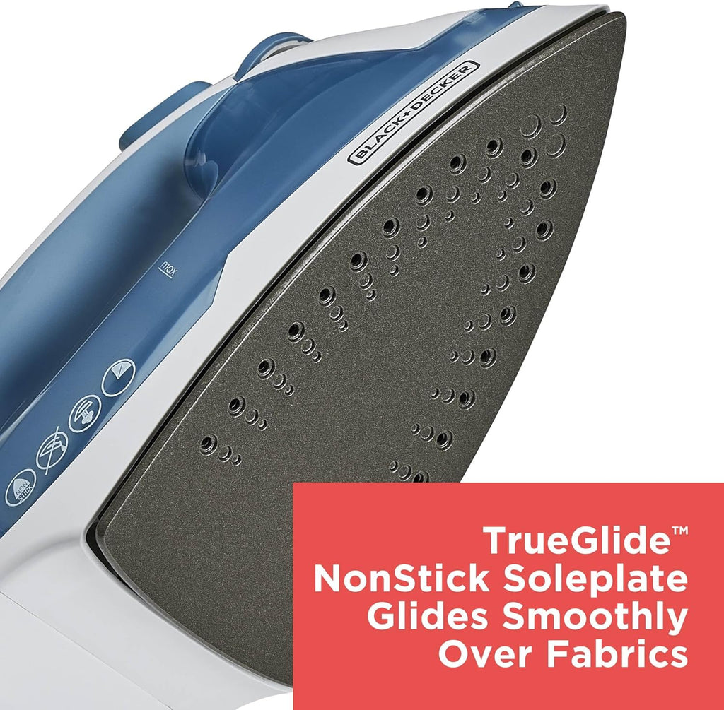 BLACK+DECKER Steam Iron for Clothes with Auto Shutoff & TrueGlide Soleplate | 1200W steam iron with nonstick soleplate. compact. spray mist. comfort grip and auto shutoff for easy wrinkle removal.