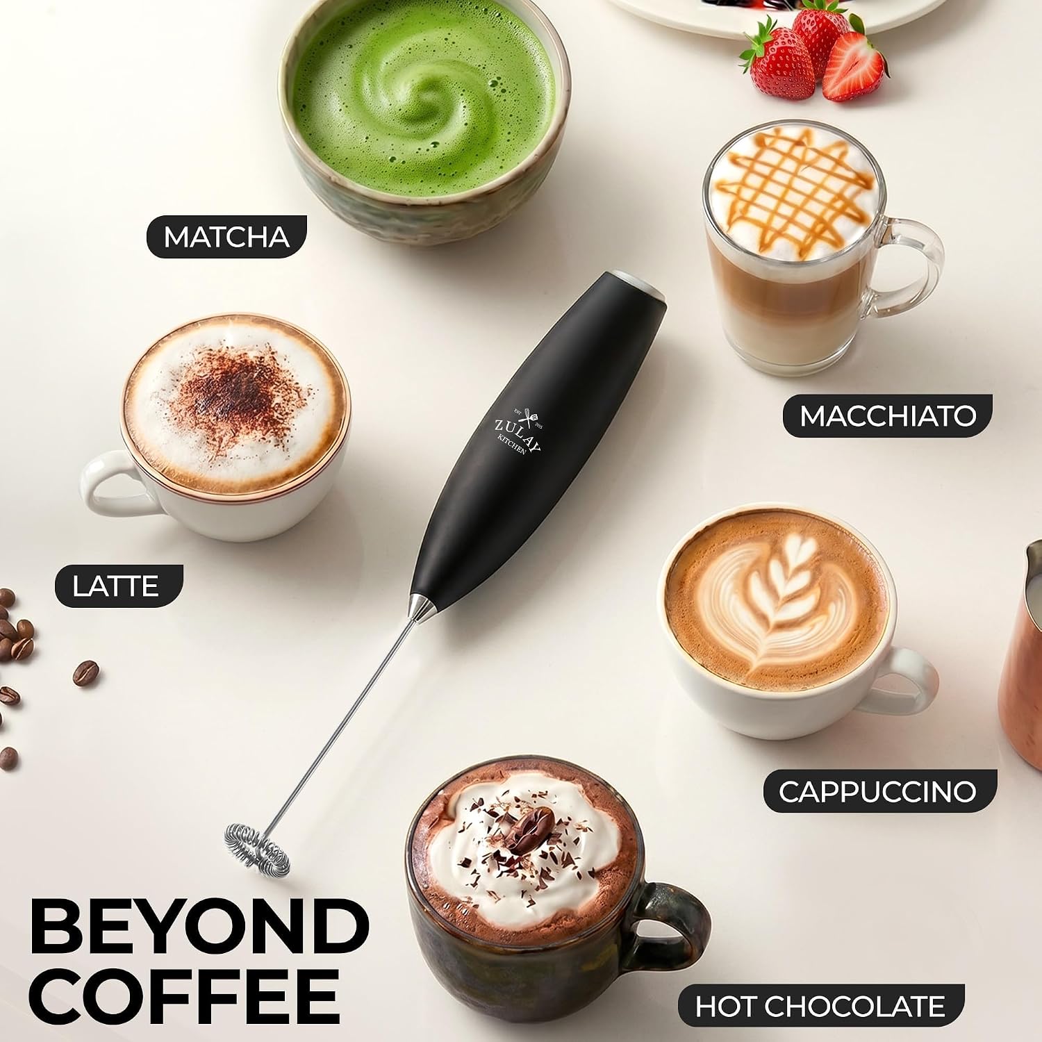 Zulay Kitchen Milk Frother Handheld Electric Whisk – Frother Wand. Durable Drink Mixer. Coffee Frother. Hand Blender. Frother for Protein Powder. Matcha & More - Black