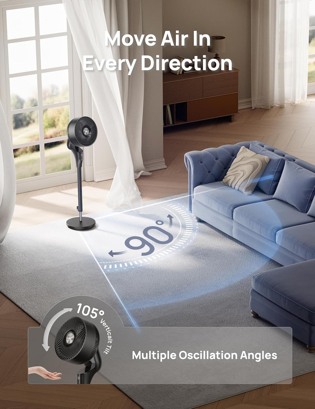 DREO Fan for Bedroom. 2026 Upgraded. 90ft Airflow. Quiet Fan. 90° Oscillating Standing Fan for Whole Room. DC Motor. 8+H Speeds. 3 Modes. 38-42'' Adjustable Height. 8H Timer. 105° Manual Vertical