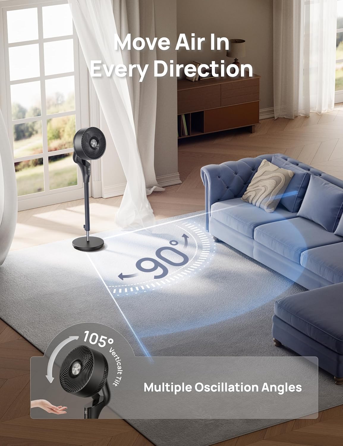 DREO Fan for Bedroom. 2026 Upgraded. 90ft Airflow. Quiet Fan. 90° Oscillating Standing Fan for Whole Room. DC Motor. 8+H Speeds. 3 Modes. 38-42'' Adjustable Height. 8H Timer. 105° Manual Vertical