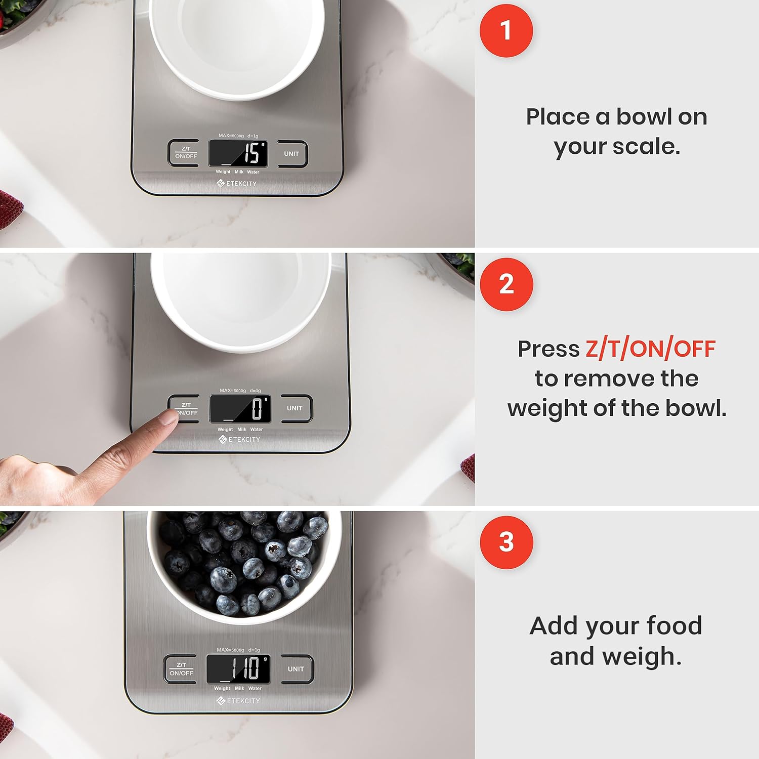 Etekcity Food Kitchen Scale. Digital Grams and Ounces. 11lb | Tare function. ideal for baking. weight loss. keto. meal prep. packages. liquids and jewelry. 304 Stainless Steel