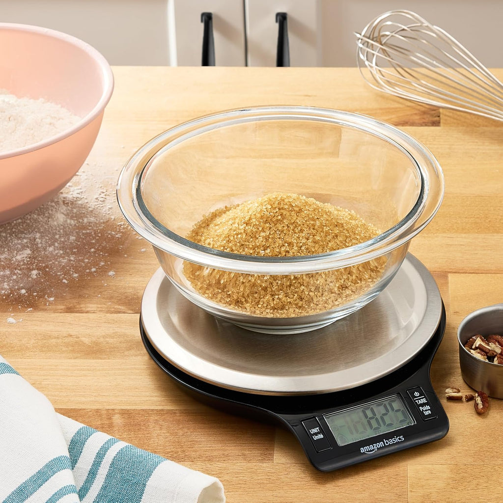 Amazon Basics Digital Kitchen Scale with LCD Display. Tare Function. Multiple Units. Weighs up to 11 Pounds. Batteries Included. Black and Stainless Steel