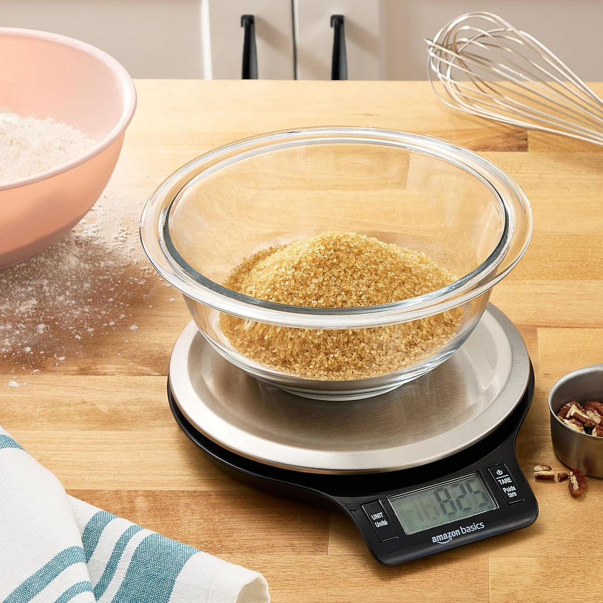 Amazon Basics Digital Kitchen Scale with LCD Display. Tare Function. Multiple Units. Weighs up to 11 Pounds. Batteries Included. Black and Stainless Steel