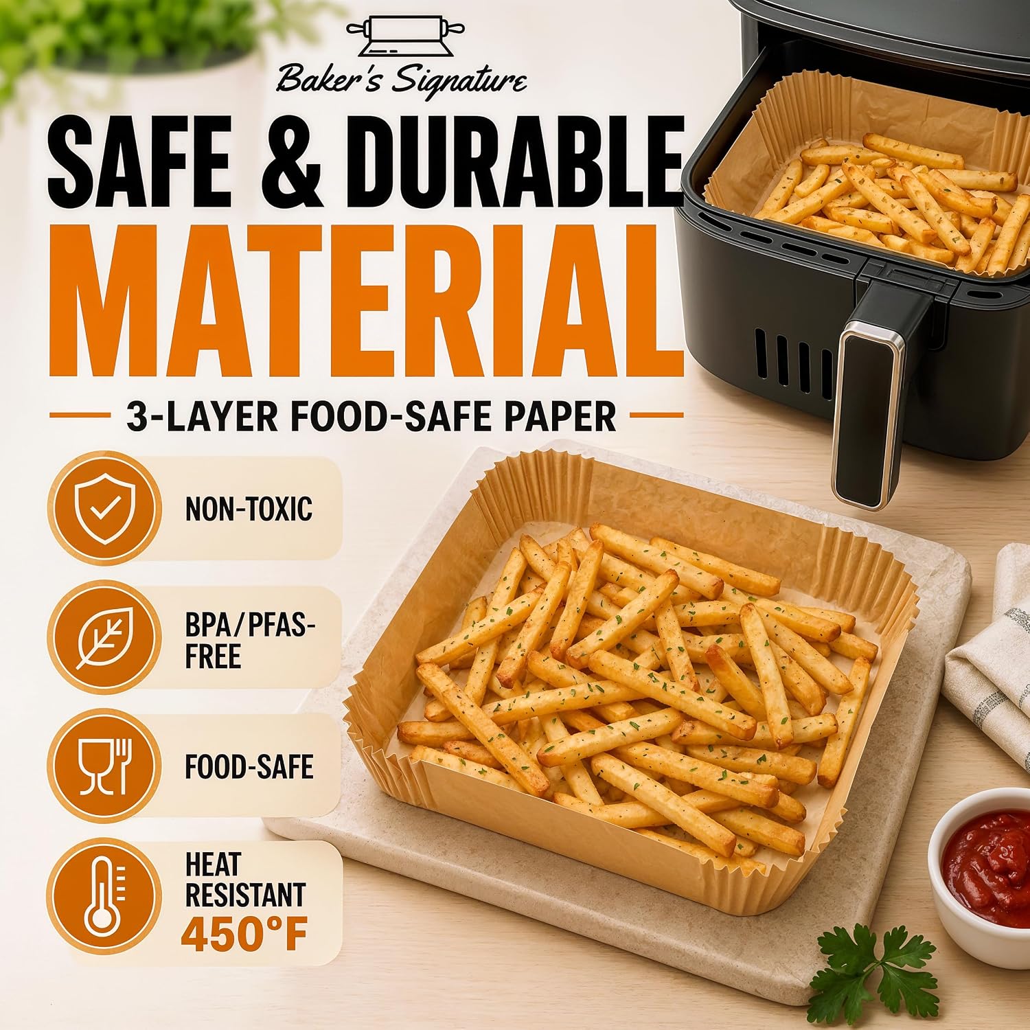 Air Fryer Paper Liners. 125Pcs Air Fryer Disposable Liners | Non-Stick and Oil Proof for Easy Cleanup. 8 Square for 5-8 qt Basket by Baker's Signature