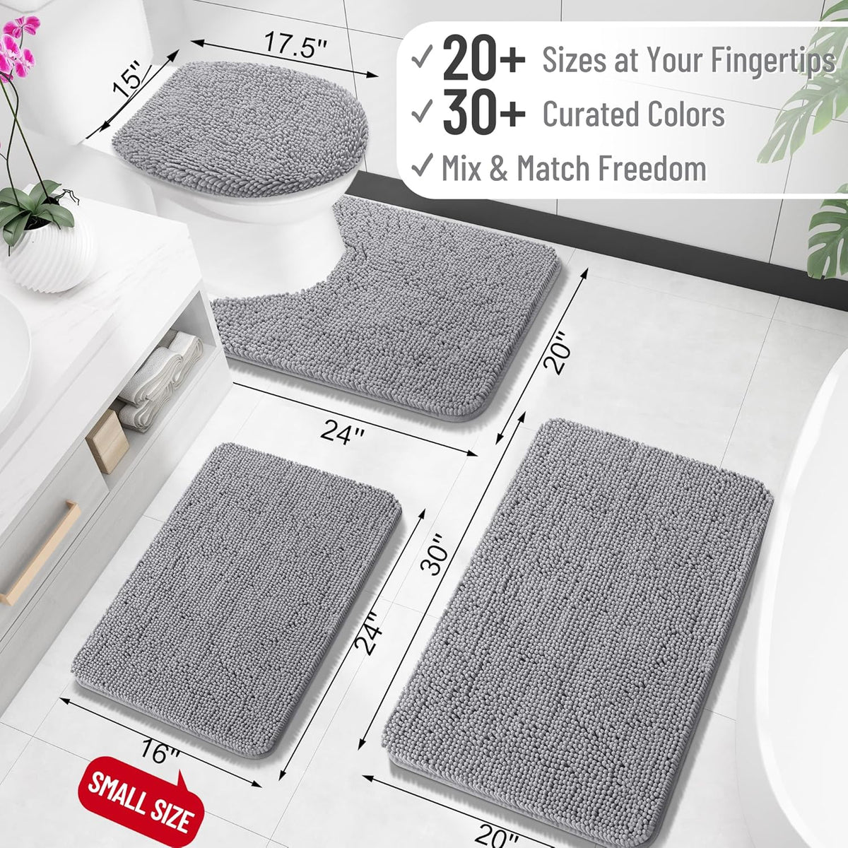 OLANLY Bathroom Rugs 30x20. Extra Soft Absorbent Chenille Bath Rugs | Grey. Quick-Drying Rubber Backing. Machine Washable Bath Mat for Bathroom Floor. Tub and Shower. Home Decor Accessories
