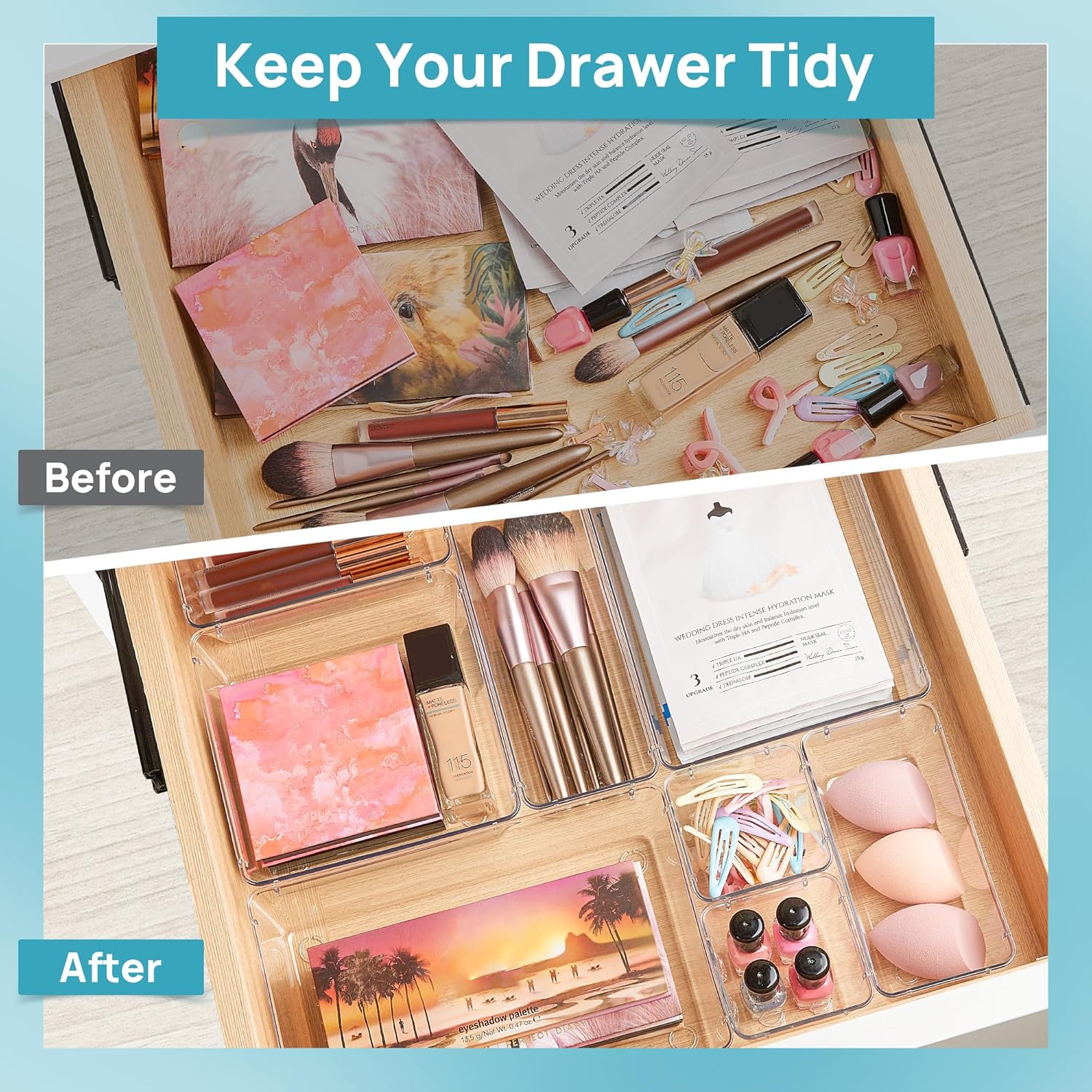 Vtopmart 25 PCS Clear Plastic Drawer Organizers Set. 4-Size Versatile Bathroom and Vanity Drawer Organizer Trays. Storage Bins for Makeup. Bedroom. Kitchen Gadgets Utensils and Office