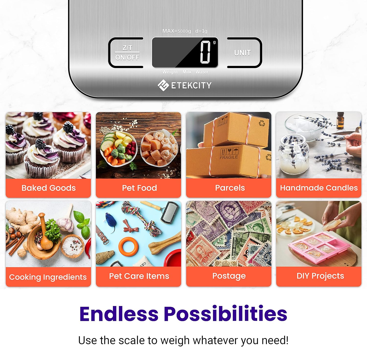 Etekcity Food Kitchen Scale. Digital Grams and Ounces. 11lb | Tare function. ideal for baking. weight loss. keto. meal prep. packages. liquids and jewelry. 304 Stainless Steel