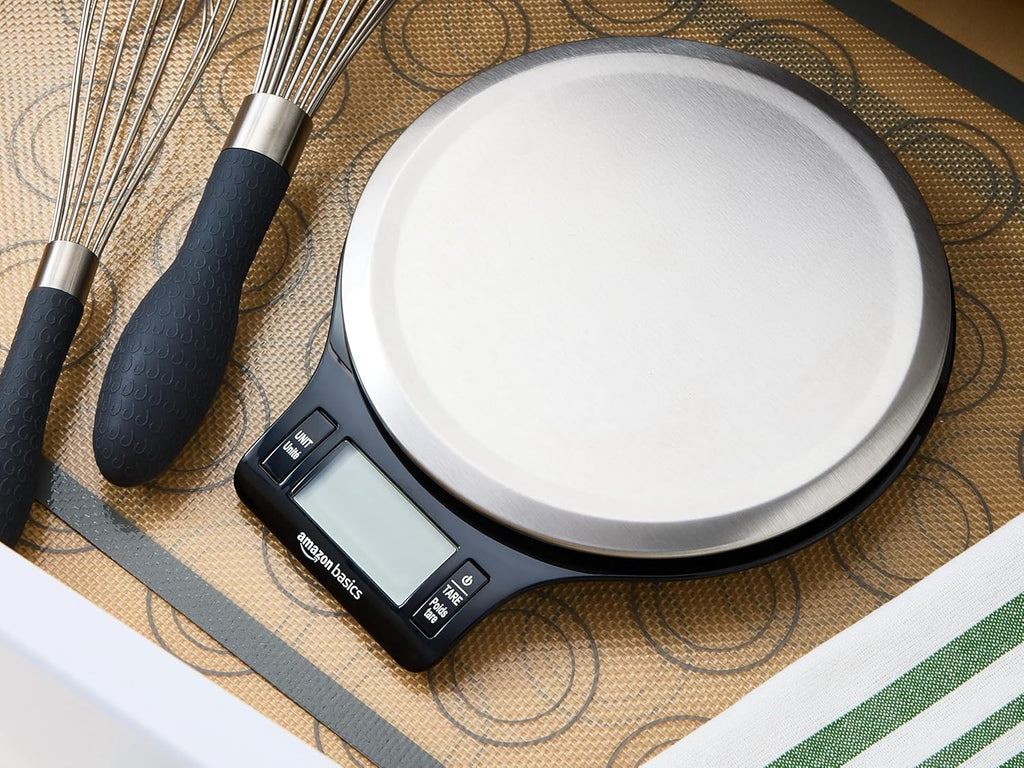 Amazon Basics Digital Kitchen Scale with LCD Display. Tare Function. Multiple Units. Weighs up to 11 Pounds. Batteries Included. Black and Stainless Steel