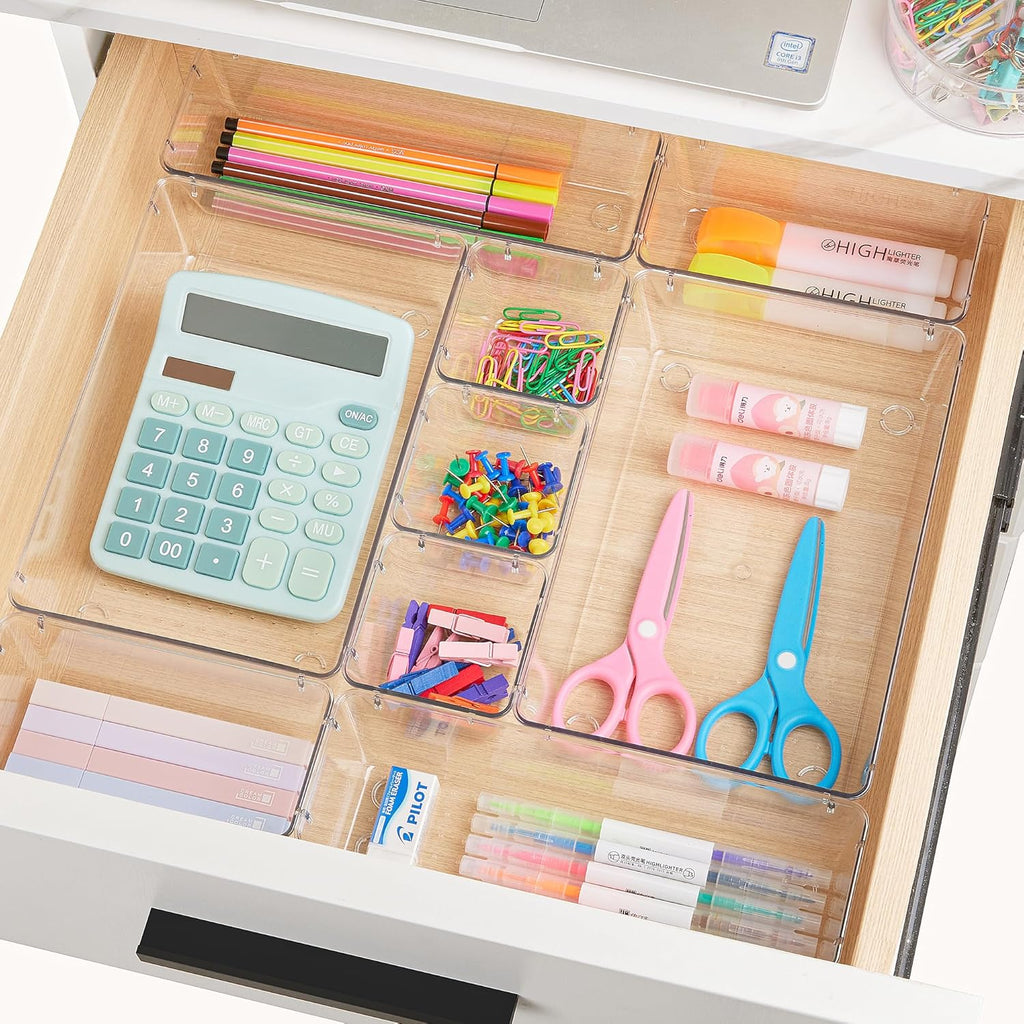 Vtopmart 25 PCS Clear Plastic Drawer Organizers Set. 4-Size Versatile Bathroom and Vanity Drawer Organizer Trays. Storage Bins for Makeup. Bedroom. Kitchen Gadgets Utensils and Office